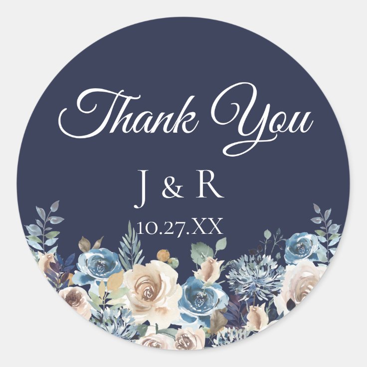 Navy Blue Champagne Floral Personalized Favor Classic Round Sticker ...