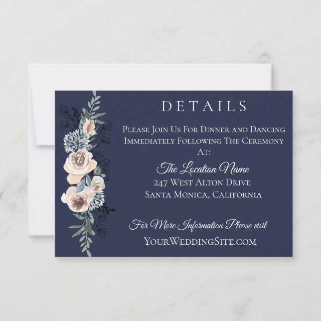 Navy Blue Champagne Floral Wedding Details Invitation (Front)