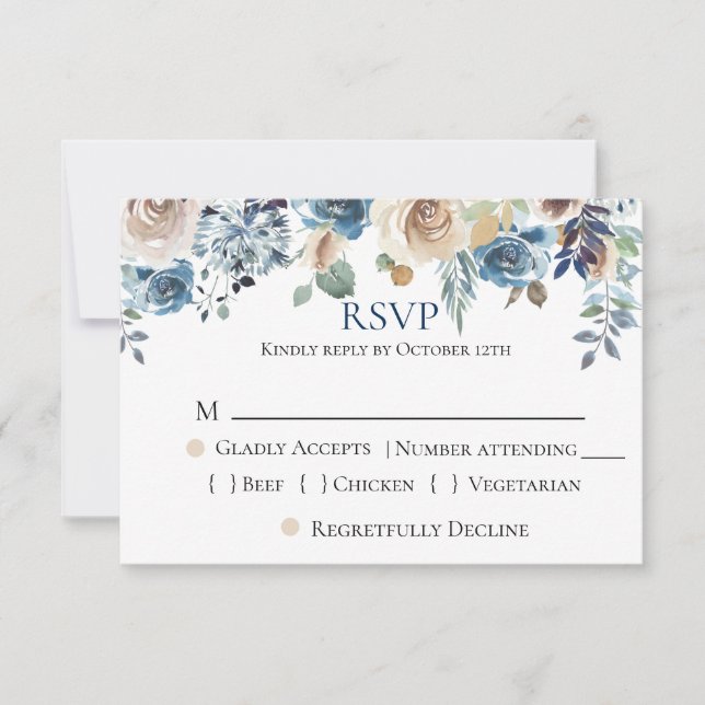 Navy Blue Champagne Floral Wedding RSVP (Front)