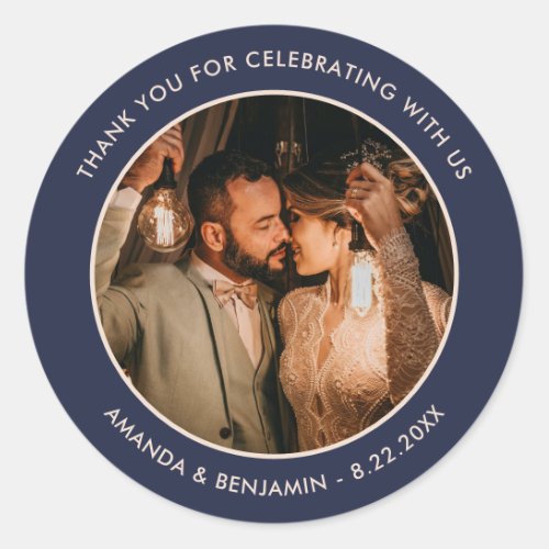 Navy Blue Champagne Thank You Photo Wedding Favor Classic Round Sticker