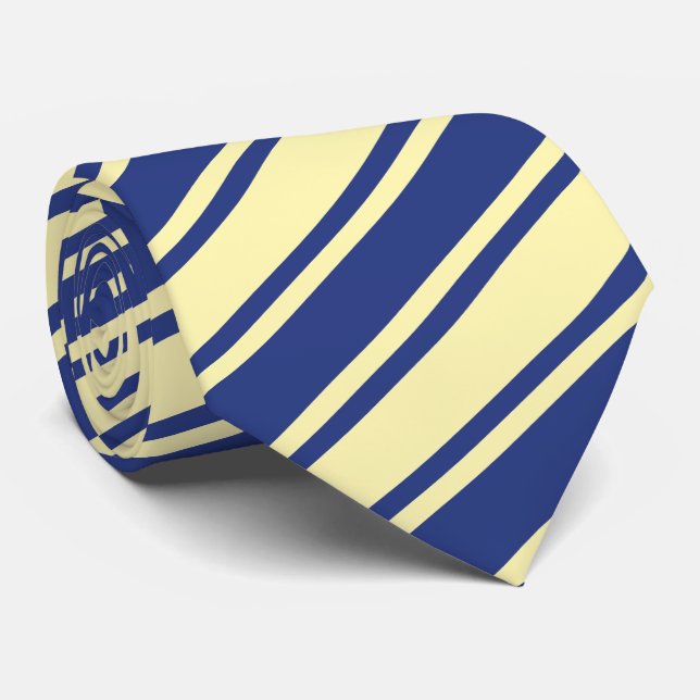 Navy Blue Champagne Yellow Diagonal Stripe Mens Neck Tie (Rolled)