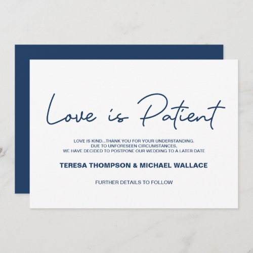 Navy blue Change of Plans Love is Patient Wedding Invitation