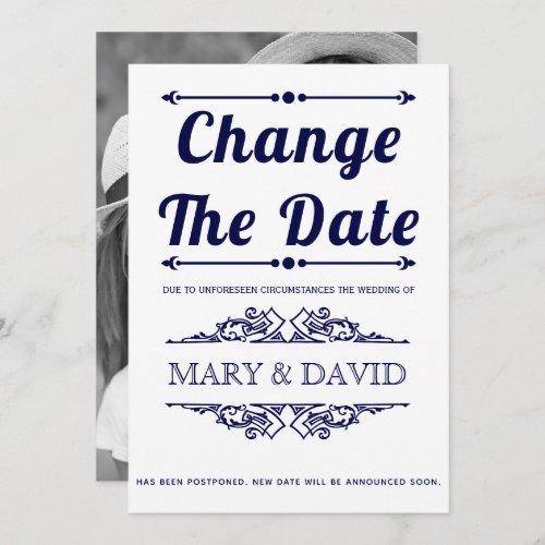 Navy blue Change the Date photo announcement