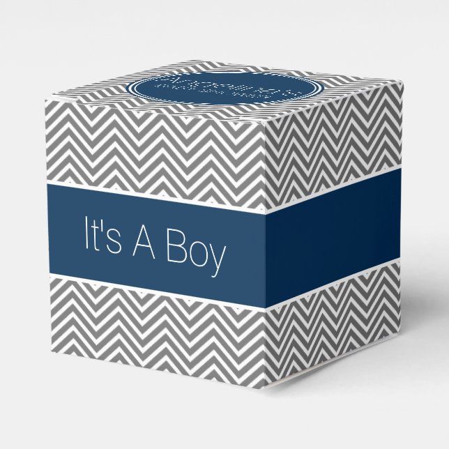 Navy Blue & Charcoal Gray Chevrons Baby Shower Favor Boxes (Front Side)