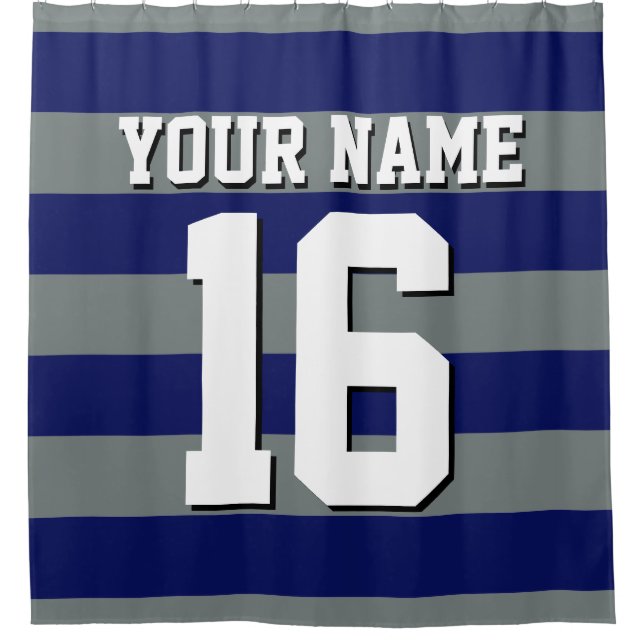 Navy Blue Charcoal Sports Jersey Preppy Stripe Shower Curtain (Front)