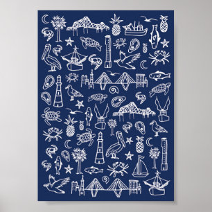 Navy Blue Charleston Toile Mini Poster