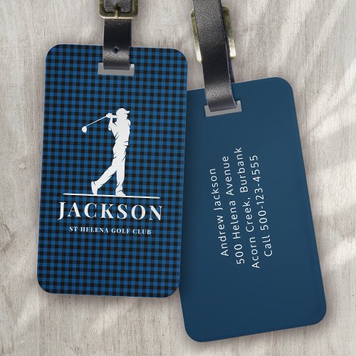 Navy Blue Check Personalized Monogram Golfer Luggage Tag