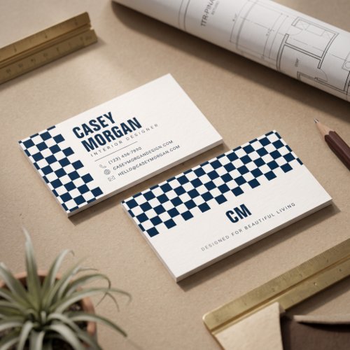 Navy Blue Checkerboard Modern Business Card
