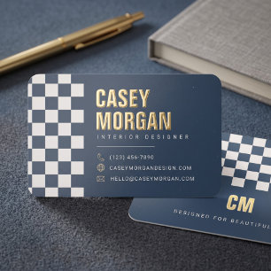 Navy Blue Checkerboard Modern Foil Business Cards