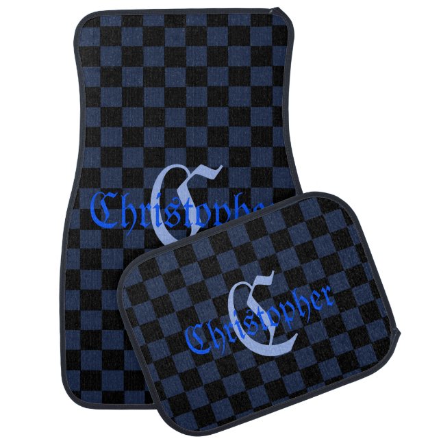Navy Blue Checkered Car Floor Mat (Set)