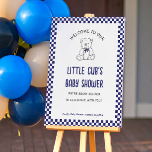 Navy Blue Checkered Teddy Bear-Baby Welcome Sign