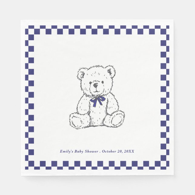 Navy Blue checkered Teddy Bear-Our Little Cub Napkins (Front)