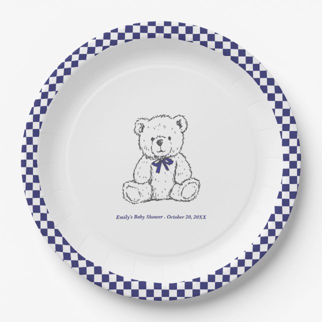 Navy Blue Checkered Teddy Bear-Our Little Cub  Paper Plates (Front)