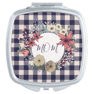 Navy Blue Checks   Floral Monogram Compact Mirror