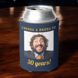 Navy Blue Cheers & Beers Milestone Birthday Photo Can Cooler