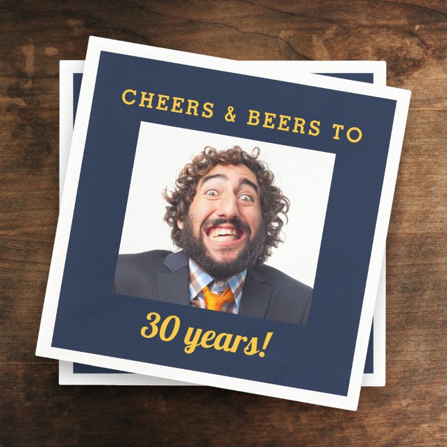 Navy Blue Cheers & Beers Milestone Birthday Photo Napkins (Creator Uploaded)