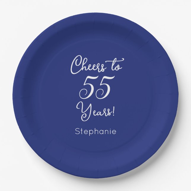 Navy Blue Cheers to 55 Years 55th Birthday Paper Plates (Front)