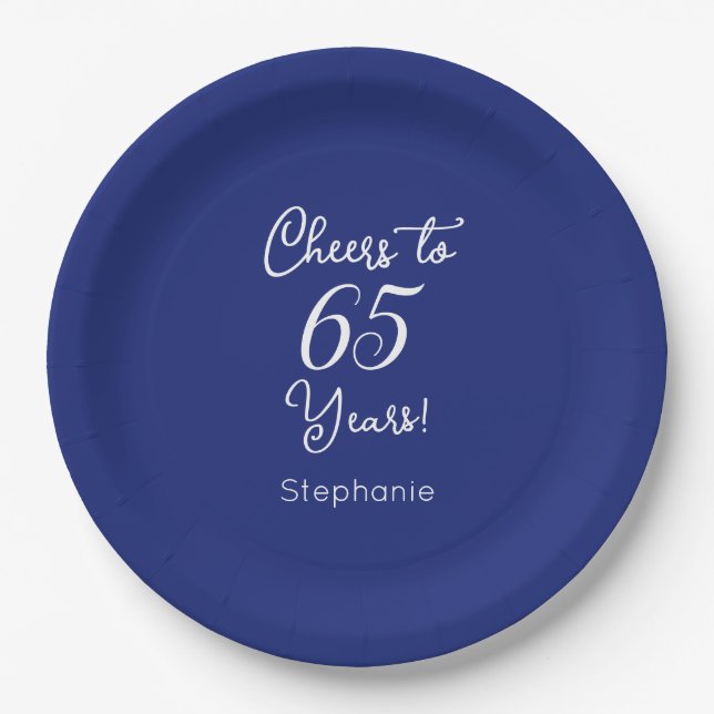 Navy Blue Cheers to 65 Years 65th Birthday Paper Plates (Front)