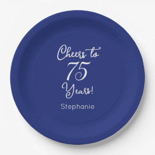 Navy Blue Cheers to 75 Years 75th Birthday Paper Plates