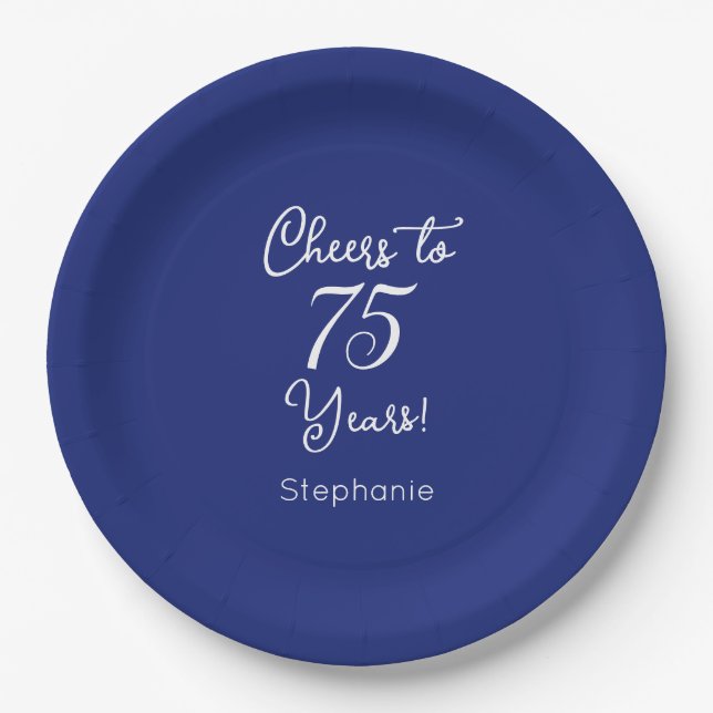 Navy Blue Cheers to 75 Years 75th Birthday Paper Plates (Front)