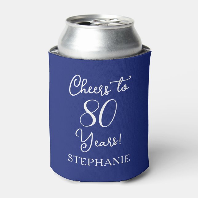 Navy Blue Cheers to 80 Years 80th Birthday Can Cooler (Can Front)