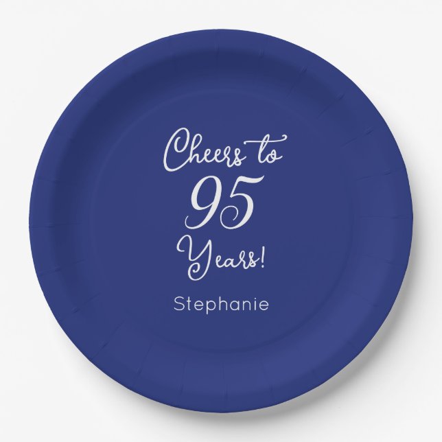 Navy Blue Cheers to 95 Years 95th Birthday Paper Plates (Front)