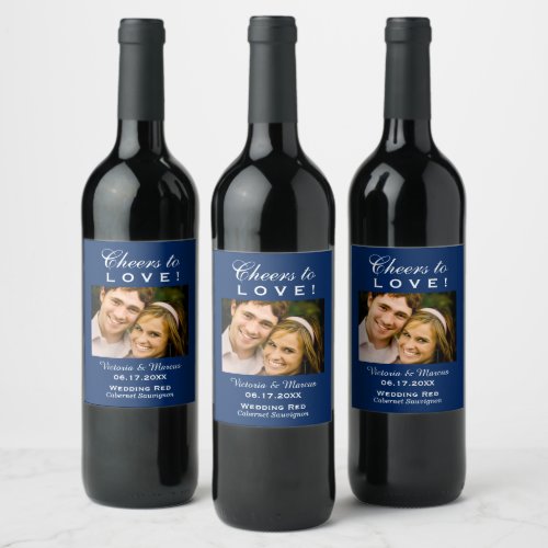 Navy Blue Cheers to Love Wedding Photo Bottle Wine Label