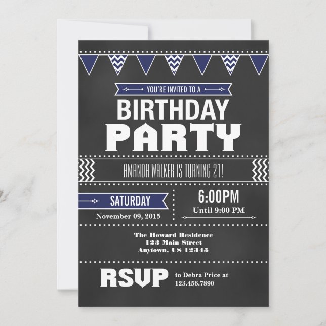 Navy Blue Chevron Chalkboard Birthday Invitation (Front)