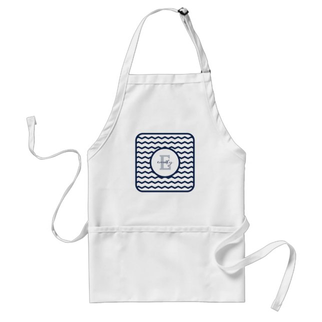 Navy Blue Chevron Monogram Adult Apron (Front)