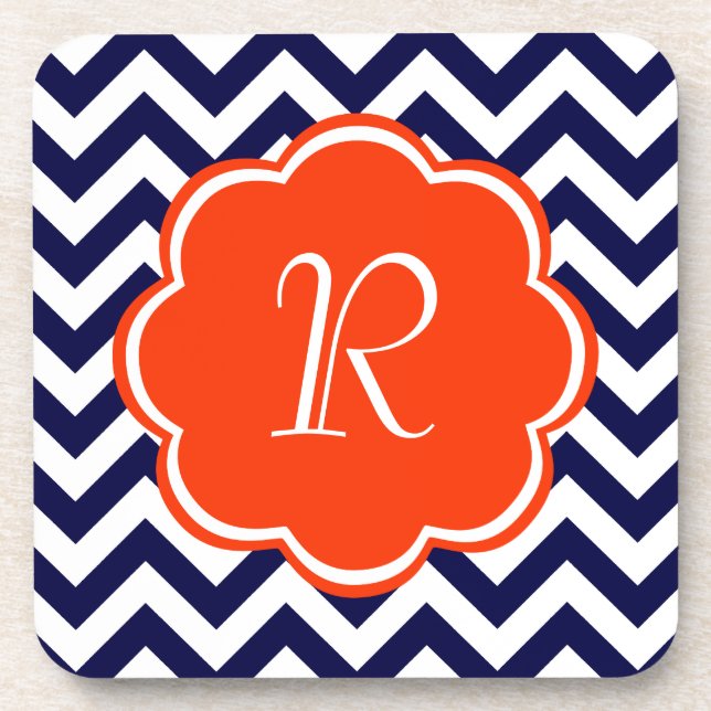 Navy Blue Chevron Monogram Coaster (Front)