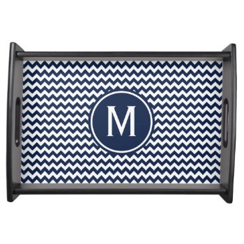 Navy Blue Chevron Monogram Serving Tray by snowfinch at Zazzle