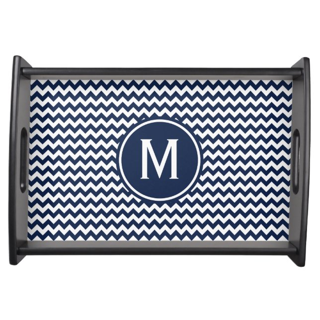 Navy Blue Chevron Monogram Serving Tray (Front)
