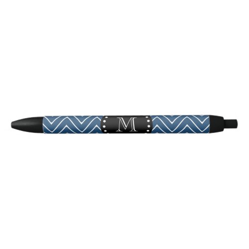 Navy Blue Chevron Pattern  Black Monogram Black Ink Pen