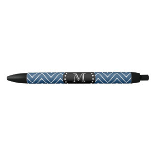 Navy Blue Chevron Pattern Black Monogram Pen