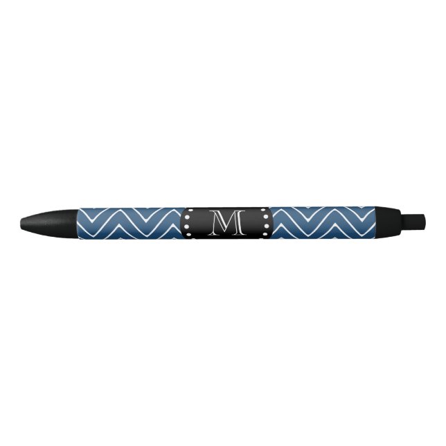 Navy Blue Chevron Pattern | Black Monogram Pen (Front)
