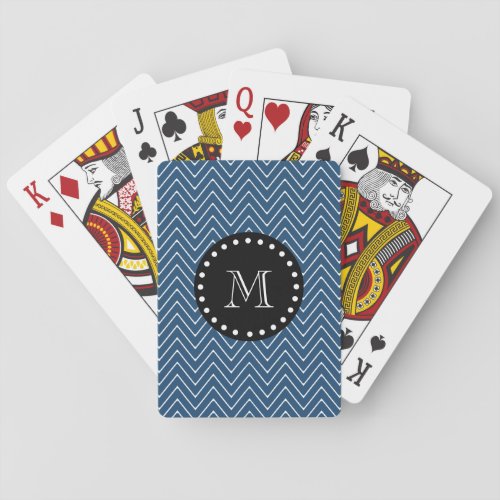 Navy Blue Chevron Pattern  Black Monogram Poker Cards