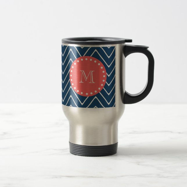Navy Blue Chevron Pattern | Coral Monogram Travel Mug (Right)