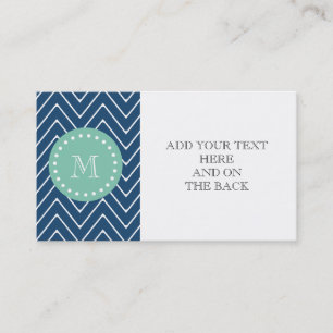 Navy Blue Chevron Pattern Mint Green Monogram Business Card