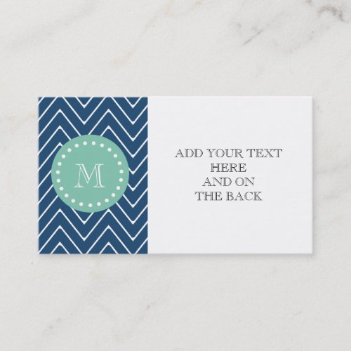 Navy Blue Chevron Pattern | Mint Green Monogram Business Card Template