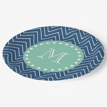 Navy Blue Chevron Pattern | Mint Green Monogram Paper Plates by GraphicsByMimi at Zazzle