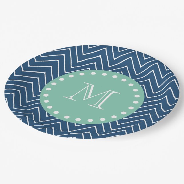 Navy Blue Chevron Pattern | Mint Green Monogram Paper Plates (Angled)