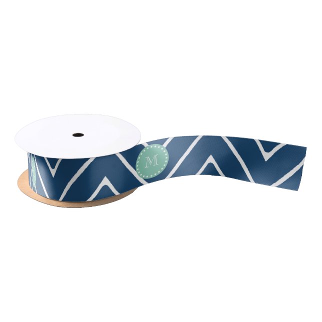 Navy Blue Chevron Pattern | Mint Green Monogram Satin Ribbon (Spool)