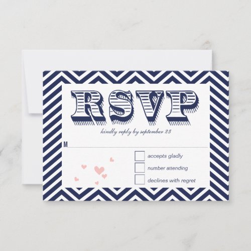 Navy Blue Chevron Retro Typography Wedding RSVP