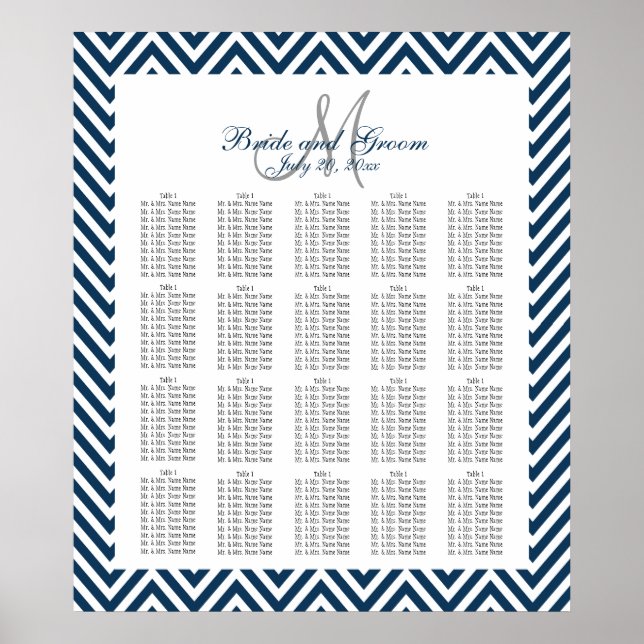 Navy Blue Chevron Wedding Seating Chart 200 (Front)