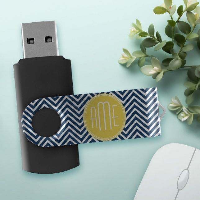 Navy Blue Chevrons with Custom Yellow Monogram USB Flash Drive (Personalized USB stick)
