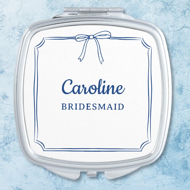 Navy Blue Chic Cute Bow Personalized Bridal Party Compact Mirror (Chic personalized bridesmaid or maid of honor compact mirror, great for wedding day touch-ups.)