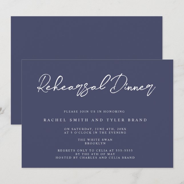 Navy Blue Chic Elegant Rehearsal Dinner Invitation (Front/Back)