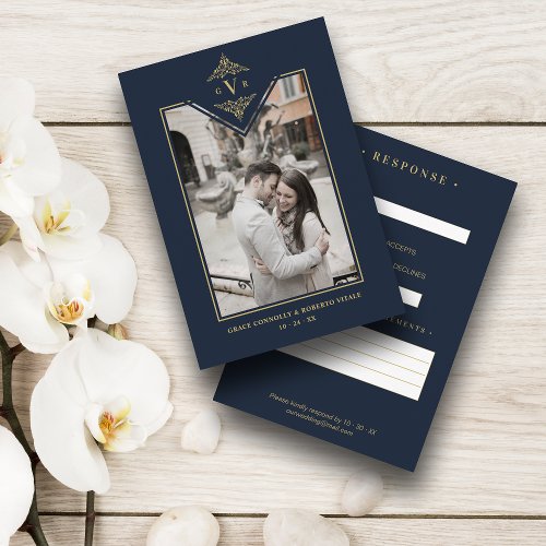 Navy Blue Chic Fake Gold Wedding Initials Flourish Enclosure Card