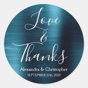 Navy Blue Chic Metallic Love & Thanks Classic Round Sticker