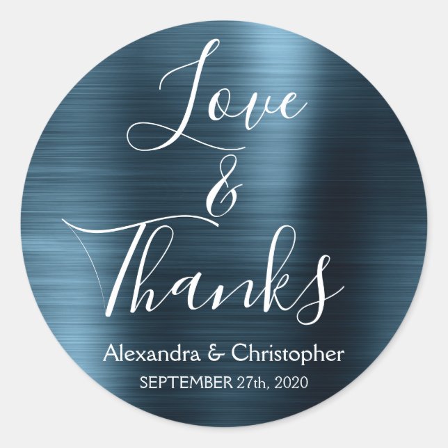 Navy Blue Chic Metallic Love & Thanks Classic Round Sticker (Front)